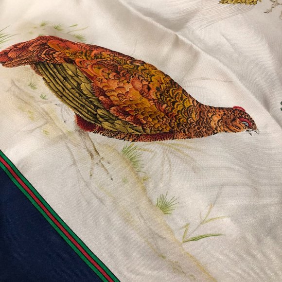 GUCCI Vintage Pheasants & Flowers Silk Scarf-Rolled/Stitched Edges - Picture 3 of 8